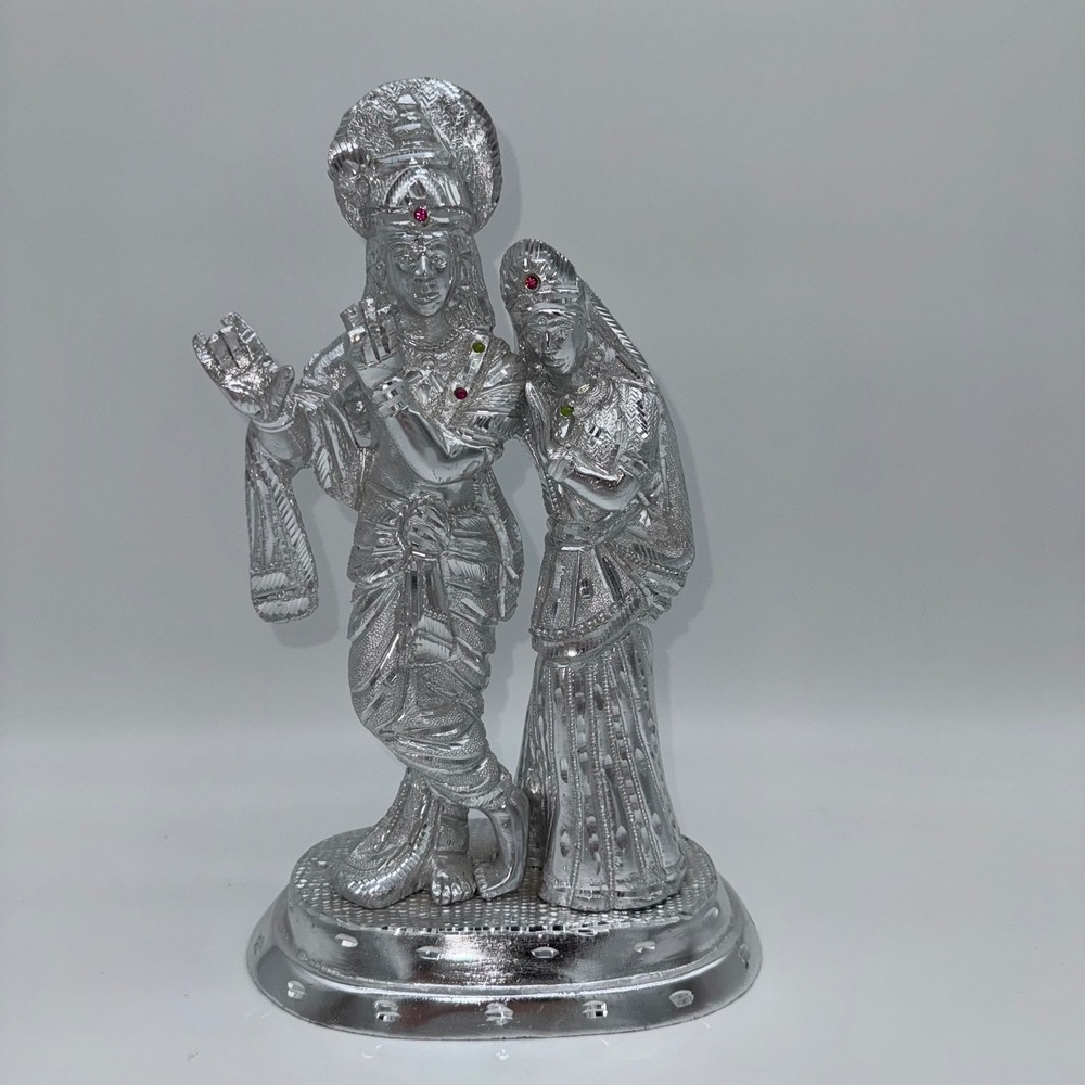 Silver Tone Radha Krishna Statue Hindu Deity Sculpture Home Decor Figurine
